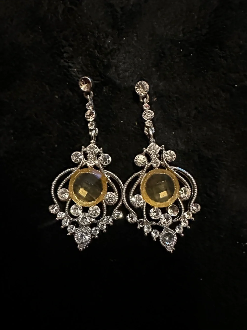 Yellow Faux Crystal Drop Earrings with Silver Accents Elegant Evening STATEMENT